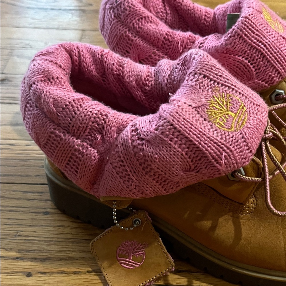 Timberland Wheat Suede Boots with Pink Knit Cuff - Picture 3 of 7